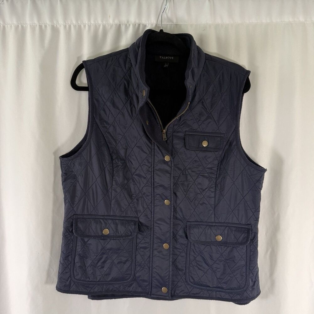 Talbots Vest Women's Large Blue Pockets Zip Snap Fleece Lined Nylon